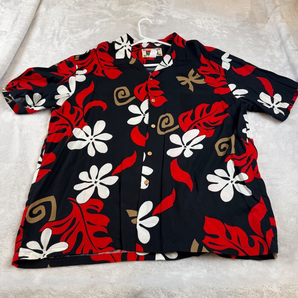 Banana Jack Honolulu Hawaiian Shirt Mens XL Black Red Floral‎ Rayon